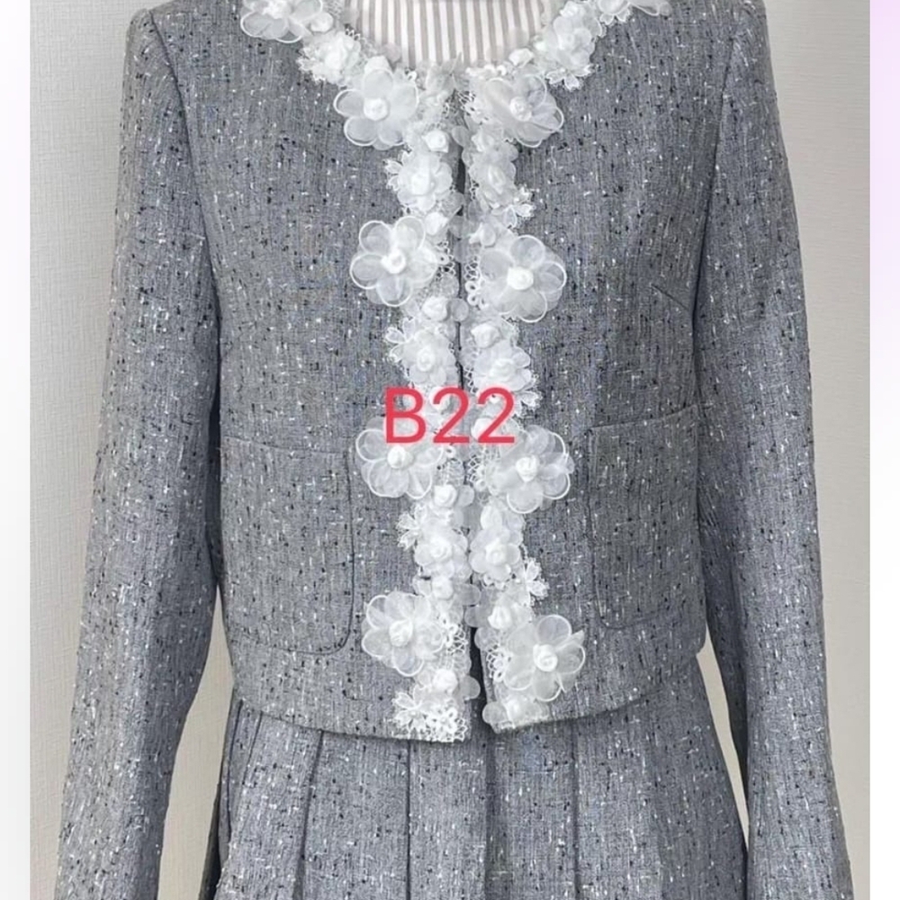 2pc Tweed Grey And White Blazer Set Coco Style